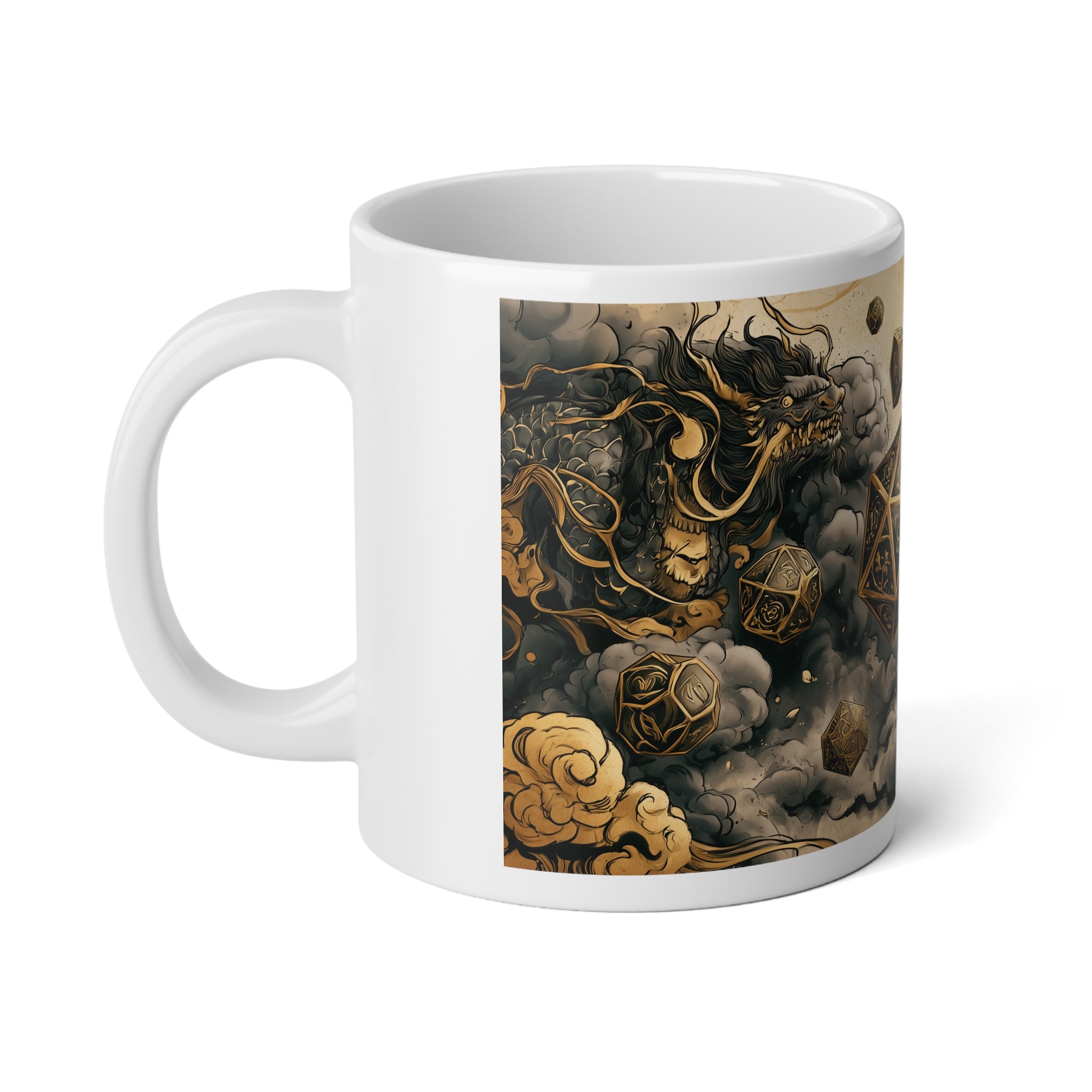 Dice Storm Mug — Polyhedral Dice & Ink Clouds | 20oz Jumbo TTRPG Mug
