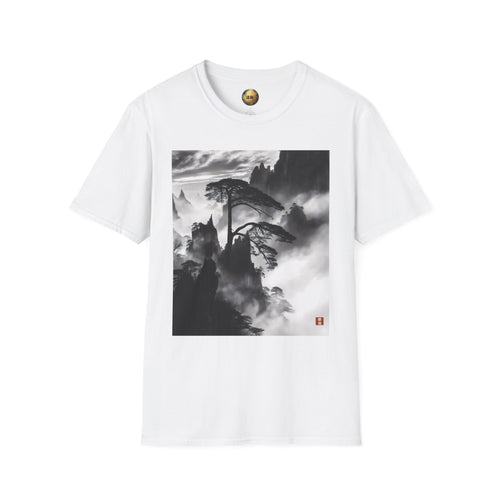 Misty Mountain Pine Tee — Monochrome Ink Landscape | Zen Nature Art Shirt