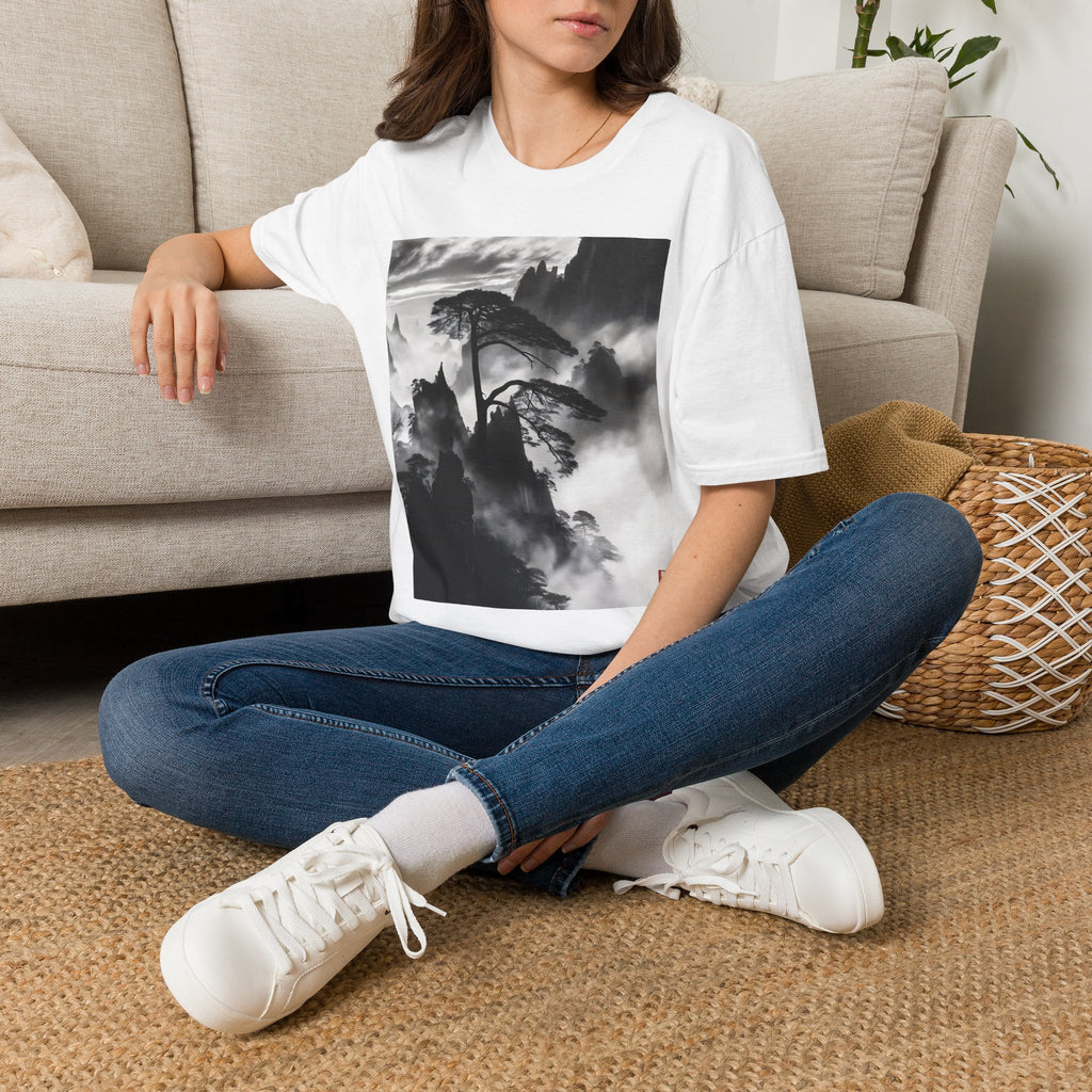 Misty Mountain Pine Tee — Monochrome Ink Landscape | Zen Nature Art Shirt