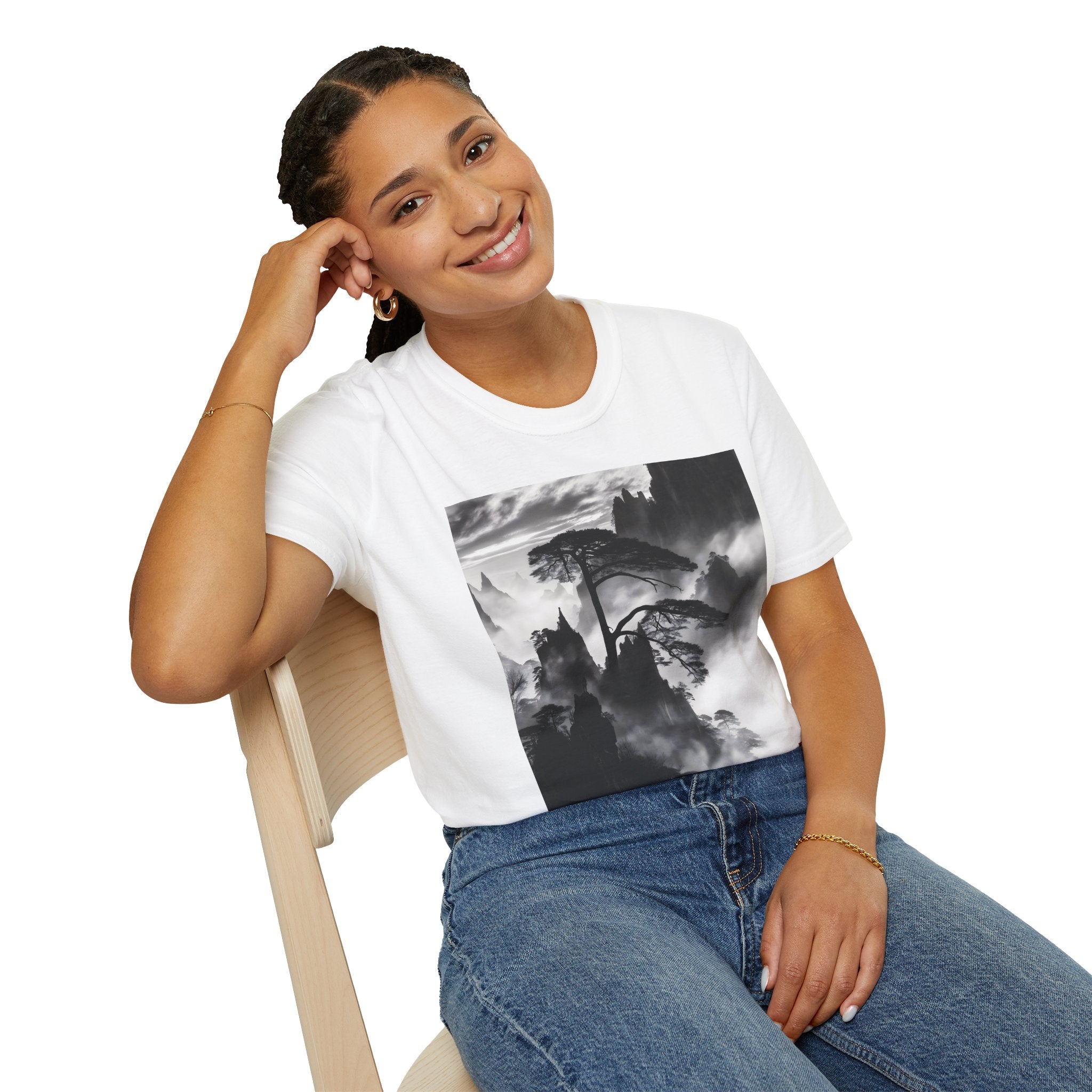 Misty Mountain Pine Tee — Monochrome Ink Landscape | Zen Nature Art Shirt