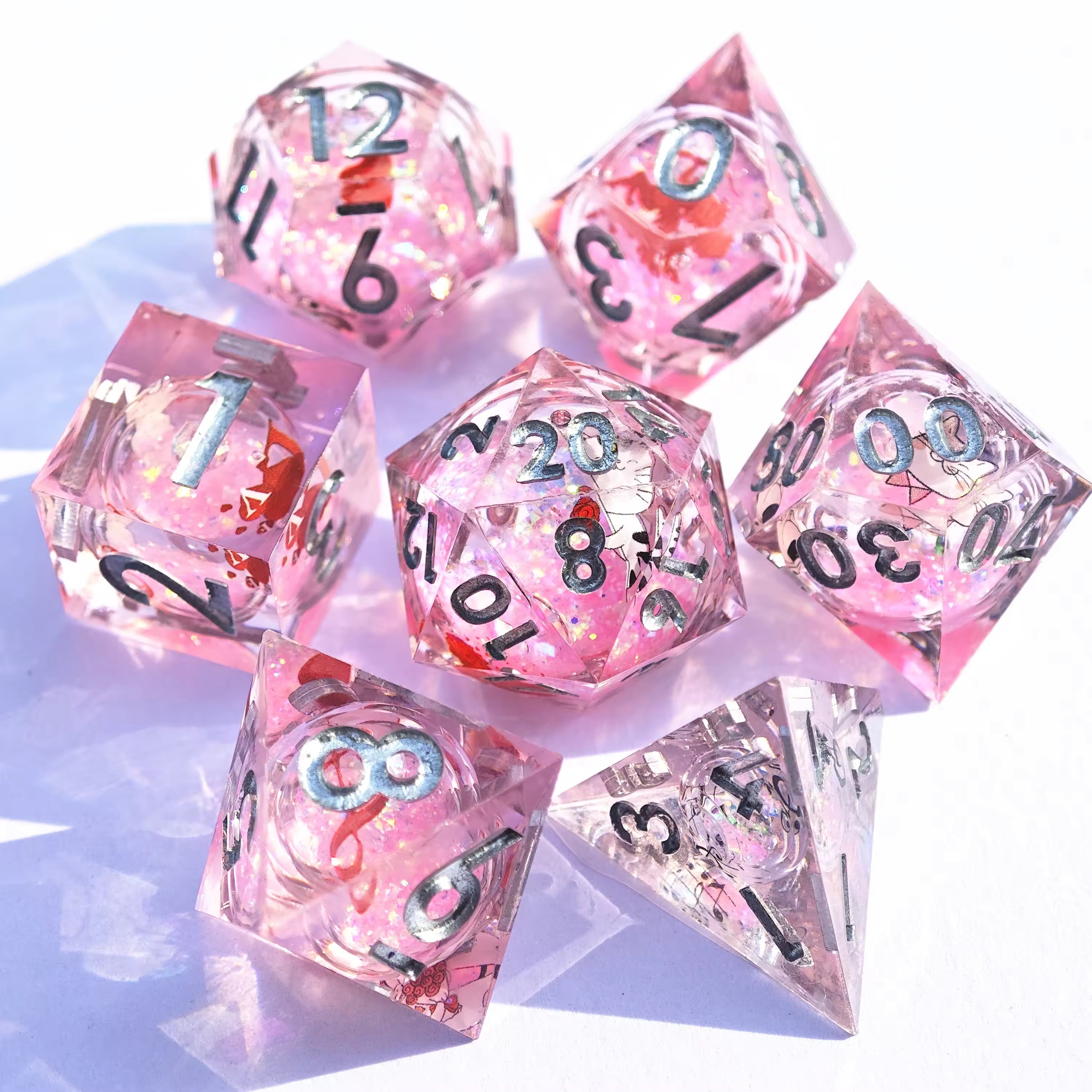 Winter Plum Set — Pale Pink Blossom Sharp Edge Dice | 7-Piece Xianxia D&D Set
